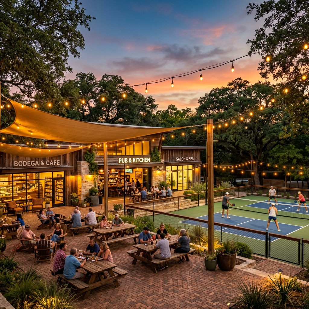 Hyperloop Plaza at dusk showing the café, pub, pickleball courts, and outdoor patio with string lights